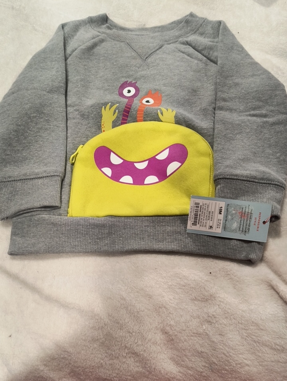 Cat & Jack Kids Gray Sweatshirt with Yellow Monster Pocket For 18 Month, NWT